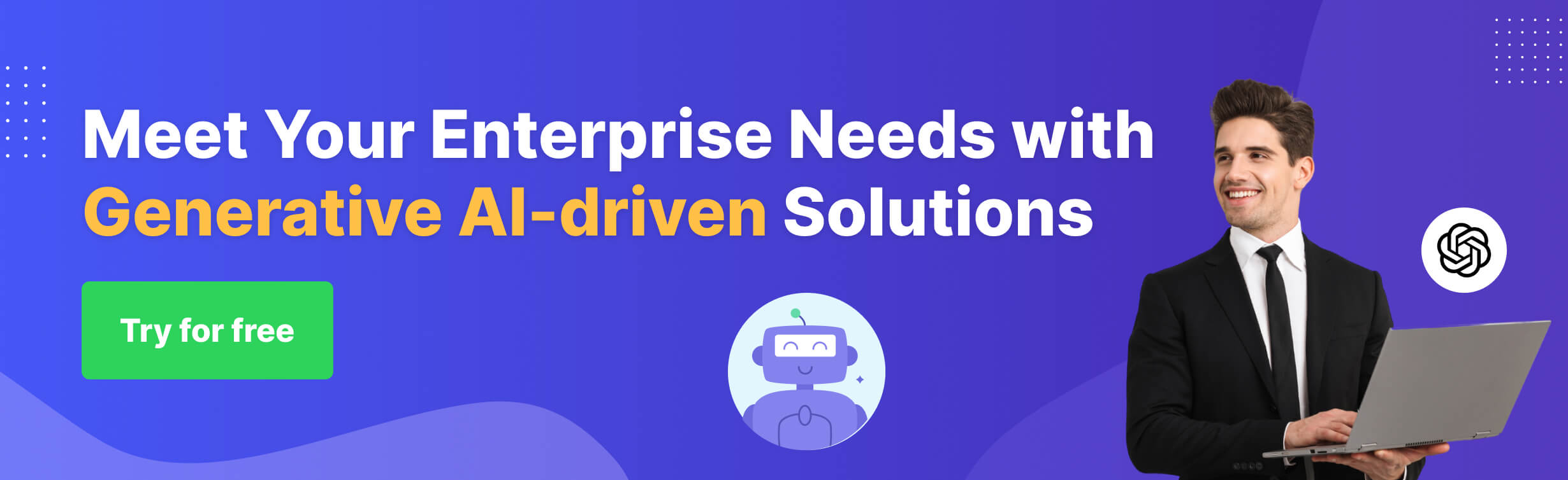 Try for free Text promoting a generative AI solution for enterprise needs, offering a free trial.
