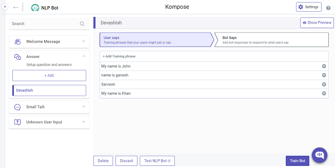 Screenshot of Kompose NLP bot configuration.
