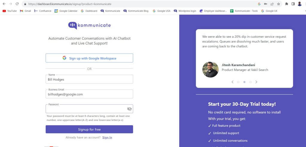 Kommunicate create free chatbot signup