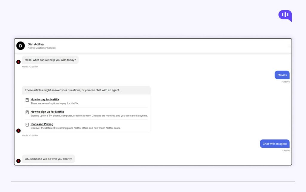 Nextflix using chatbot for customer support