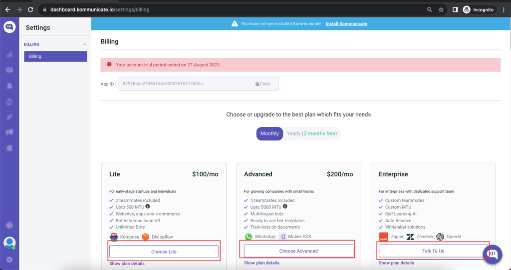 Billing page