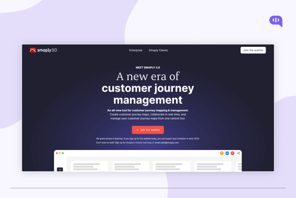 Smaply 3.0 homepage featuring a banner with the text "Meet Smaply 3.0: A new era of customer journey management." The page includes sections for enterprise, Smaply Classic, and joining the waitlist. The main content area describes the new features of Smaply 3.0, including creating customer journey maps, collaborating in real-time, and managing maps from one central tool. Smaply 3.0 homepage featuring a banner with the text "Meet Smaply 3.0: A new era of customer journey management." The page includes sections for enterprise, Smaply Classic, and joining the waitlist. The main content area describes the new features of Smaply 3.0, including creating customer journey maps, collaborating in real-time, and managing maps from one central tool.