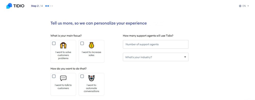 Tidio's create free chatbot account Step 2