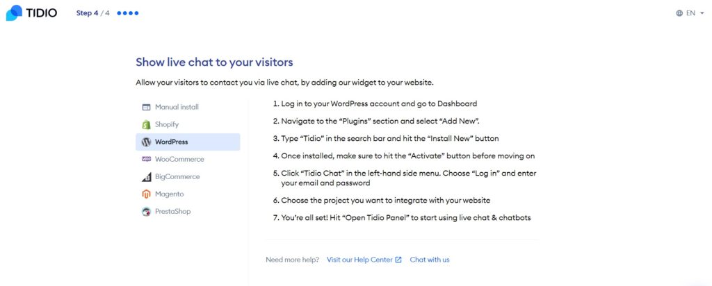 Tidio's create free chatbot account Step to choose platform to add widget