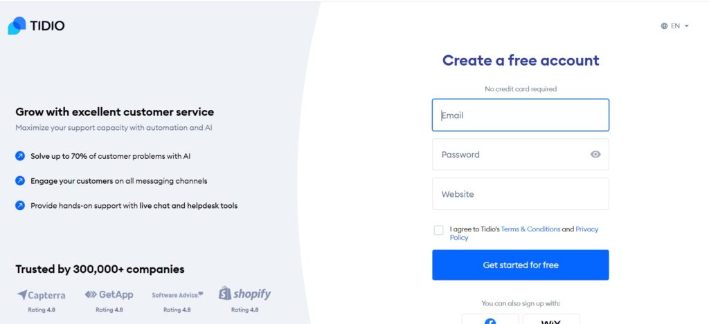 Tidio's create free chatbot account Step 1