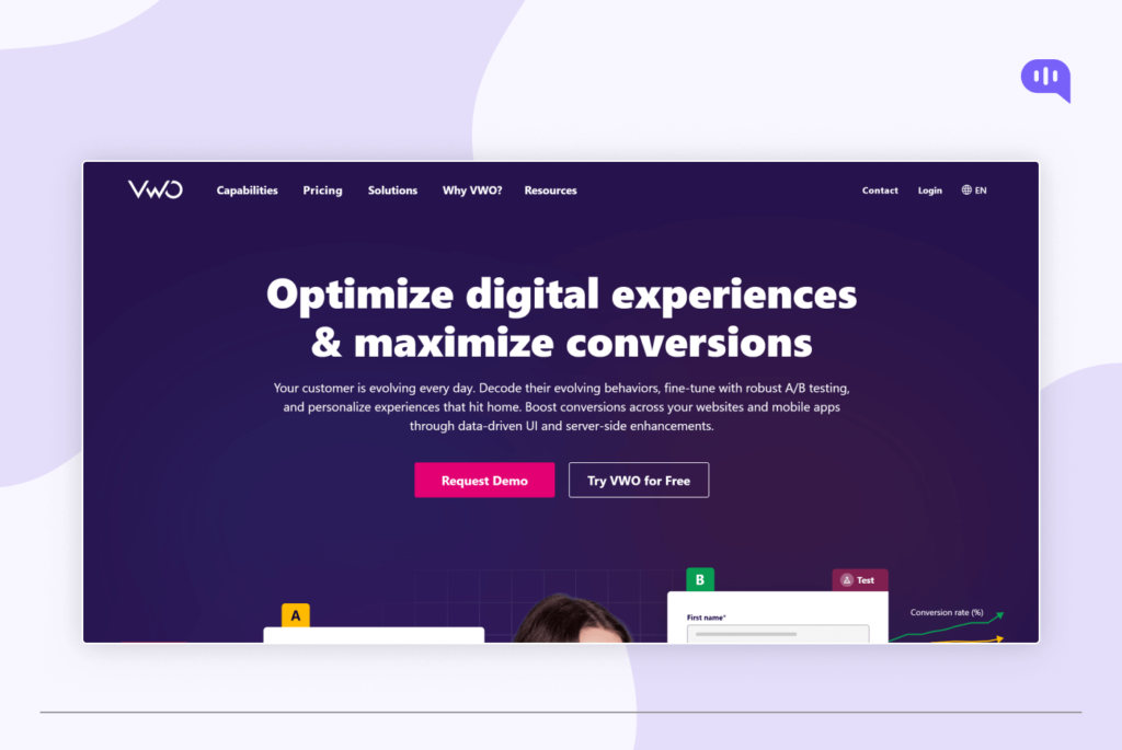 VWO homepage promoting a platform for optimizing digital experiences and maximizing conversions. VWO homepage promoting a platform for optimizing digital experiences and maximizing conversions.