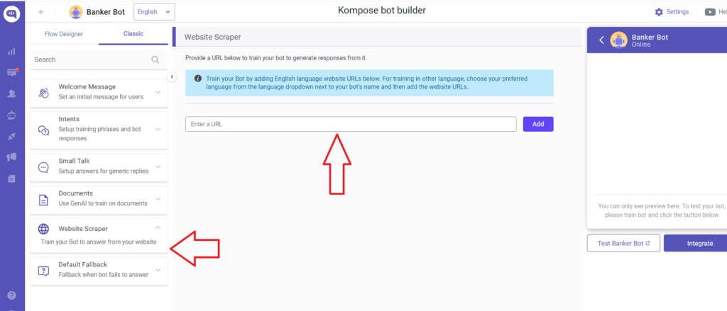 Kommunicate chatbot website scraper enter url