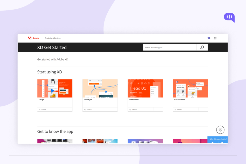 Adobe XD homepage with a banner promoting the app for design, prototyping, components, and collaboration. There are buttons to get started, search for support, and learn more about the app. The main content area shows a grid of images representing different features of Adobe XD. Adobe XD homepage with a banner promoting the app for design, prototyping, components, and collaboration. There are buttons to get started, search for support, and learn more about the app. The main content area shows a grid of images representing different features of Adobe XD.