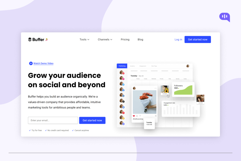 Buffer homepage promoting a social media management platform. The page features a banner with the text "Grow your audience on social and beyond" and a call to action to get started now. There are sections for tools, channels, pricing, blog, login, and watch demo video. The main content area describes how Buffer helps build an audience organically and provides affordable, intuitive marketing tools for ambitious people and teams. Buffer homepage promoting a social media management platform. The page features a banner with the text "Grow your audience on social and beyond" and a call to action to get started now. There are sections for tools, channels, pricing, blog, login, and watch demo video. The main content area describes how Buffer helps build an audience organically and provides affordable, intuitive marketing tools for ambitious people and teams.