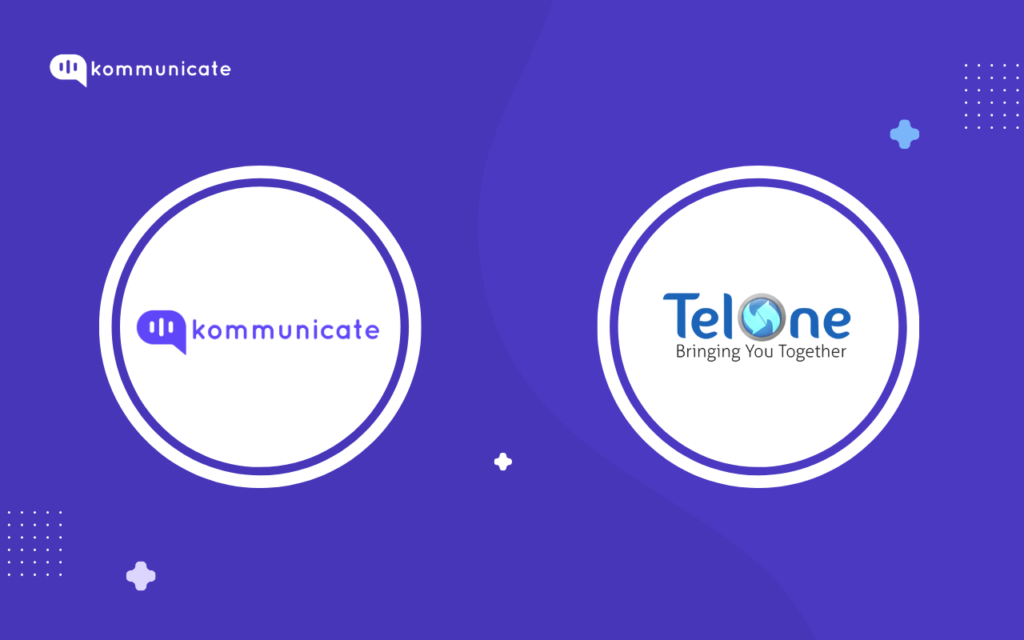Comparison of the Kommunicate and TelOne logos displayed side-by-side on a blue background.