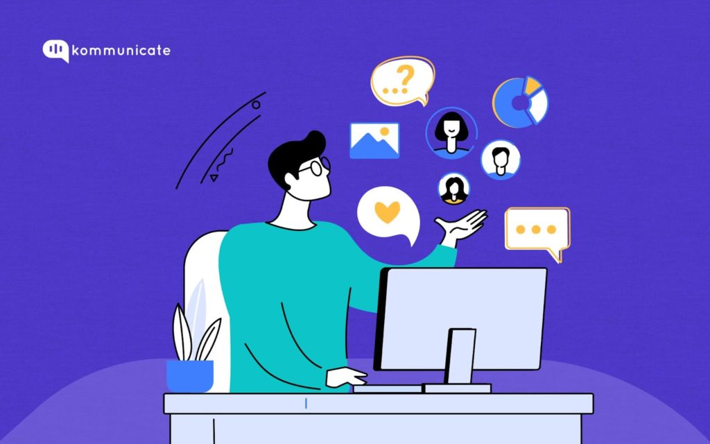 A man sitting at a desk in front of a computer, surrounded by floating icons representing various communication and data elements. The icons include a question mark, a pie chart, a photo gallery, a group of people, a heart, and speech bubbles. The word "Kommunicate" is visible in the top left corner. The image conveys the concept of effective communication and data analysis. A man sitting at a desk in front of a computer, surrounded by floating icons representing various communication and data elements. The icons include a question mark, a pie chart, a photo gallery, a group of people, a heart, and speech bubbles. The word "Kommunicate" is visible in the top left corner. The image conveys the concept of effective communication and data analysis.