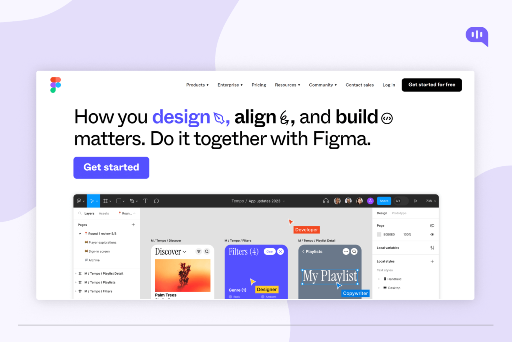 Figma homepage featuring a banner with the text "How you design, align, and build matters. Do it together with Figma." The page includes sections for products, enterprise, pricing, resources, community, contact sales, login, and get started for free. There is a preview of the Figma interface with features like layers, design, page, filters, playlists, and local variables. Figma homepage featuring a banner with the text "How you design, align, and build matters. Do it together with Figma." The page includes sections for products, enterprise, pricing, resources, community, contact sales, login, and get started for free. There is a preview of the Figma interface with features like layers, design, page, filters, playlists, and local variables.