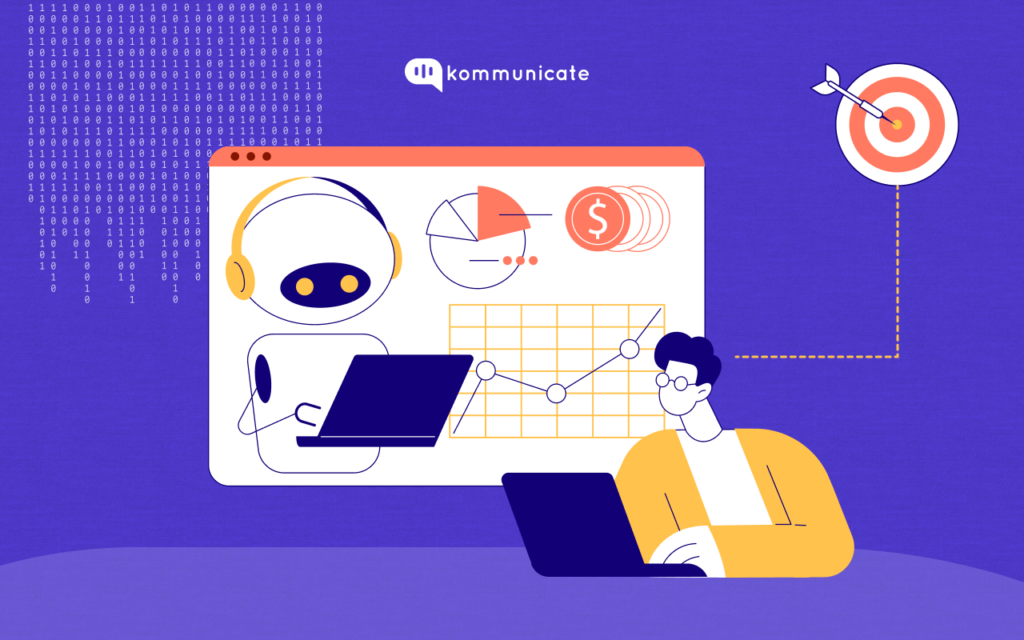 Illustration depicting a person and a chatbot analyzing data and aiming for a target, representing Kommunicate's analytics and AI capabilities.