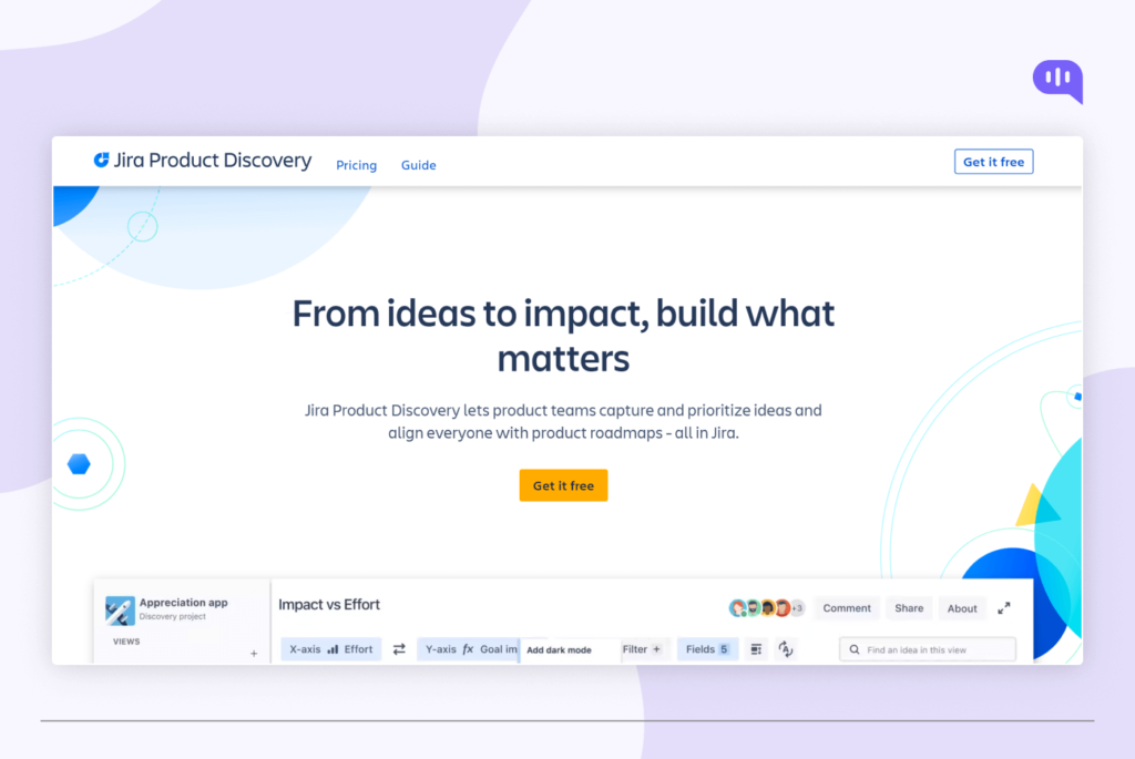 Atlassian Jira Product Discovery homepage featuring a banner with the text "From ideas to impact, build what matters." The page includes sections for pricing, a guide, and a button to get it free. The main content area shows a visualization of "Impact vs Effort" with a graph and data points. There are also buttons for appreciation, commenting, sharing, and about. Atlassian Jira Product Discovery homepage featuring a banner with the text "From ideas to impact, build what matters." The page includes sections for pricing, a guide, and a button to get it free. The main content area shows a visualization of "Impact vs Effort" with a graph and data points. There are also buttons for appreciation, commenting, sharing, and about.