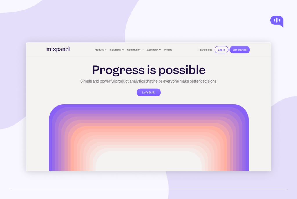 Mixpanel homepage promoting a product analytics platform. The page features a banner with the text "Progress is possible" and a call to action to get started. There are sections for product, solutions, community, company, pricing, talk to sales, login, and get started. The main content area includes text about simple and powerful product analytics that helps everyone make better decisions. There is a button to let's build. Mixpanel homepage promoting a product analytics platform. The page features a banner with the text "Progress is possible" and a call to action to get started. There are sections for product, solutions, community, company, pricing, talk to sales, login, and get started. The main content area includes text about simple and powerful product analytics that helps everyone make better decisions. There is a button to let's build.