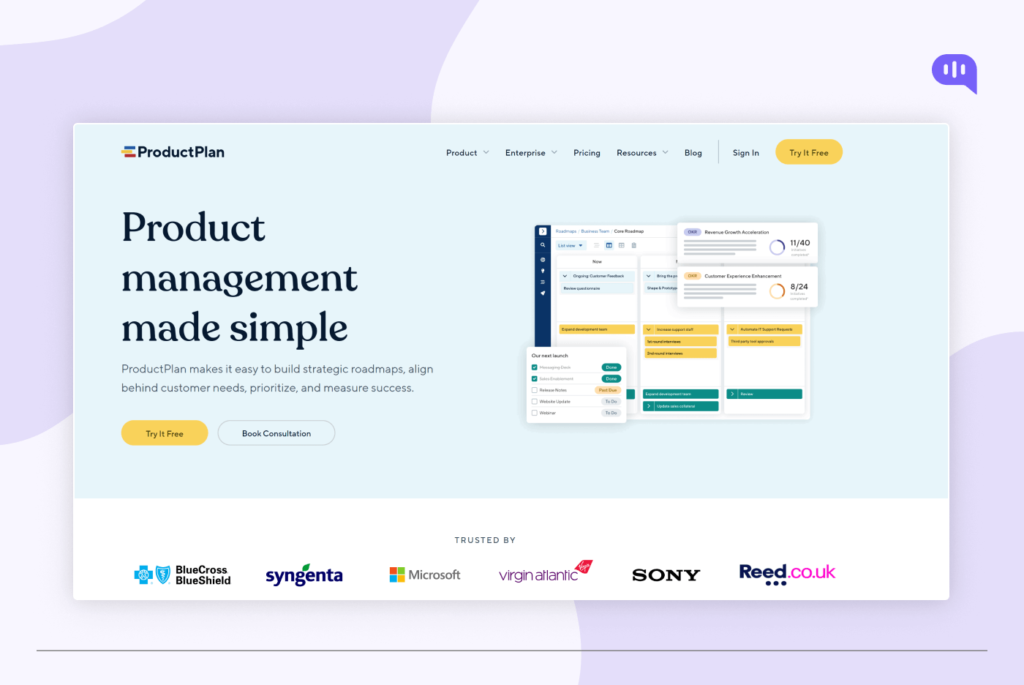 ProductPlan homepage featuring a banner with the text "Product management made simple." The page includes sections for product, enterprise, pricing, resources, blog, and sign in. There is a call to action to try it free and book a consultation. The main content area shows a screenshot of the ProductPlan platform with features like roadmaps, timelines, and collaboration tools. ProductPlan homepage featuring a banner with the text "Product management made simple." The page includes sections for product, enterprise, pricing, resources, blog, and sign in. There is a call to action to try it free and book a consultation. The main content area shows a screenshot of the ProductPlan platform with features like roadmaps, timelines, and collaboration tools.