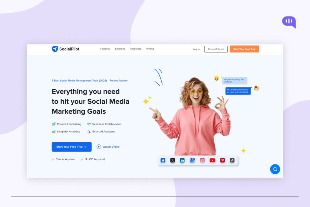 SocialPilot homepage promoting a social media management tool. The page features a banner with the text "Everything you need to hit your Social Media Marketing Goals" and a call to action to start your free trial. There are sections for features, solutions, resources, pricing, login, and request demo. The main content area includes a testimonial from Forbes Advisor, a description of the platform's features like powerful publishing, seamless collaboration, insightful analytics, and smart AI assistant, and a button to watch a video. SocialPilot homepage promoting a social media management tool. The page features a banner with the text "Everything you need to hit your Social Media Marketing Goals" and a call to action to start your free trial. There are sections for features, solutions, resources, pricing, login, and request demo. The main content area includes a testimonial from Forbes Advisor, a description of the platform's features like powerful publishing, seamless collaboration, insightful analytics, and smart AI assistant, and a button to watch a video.