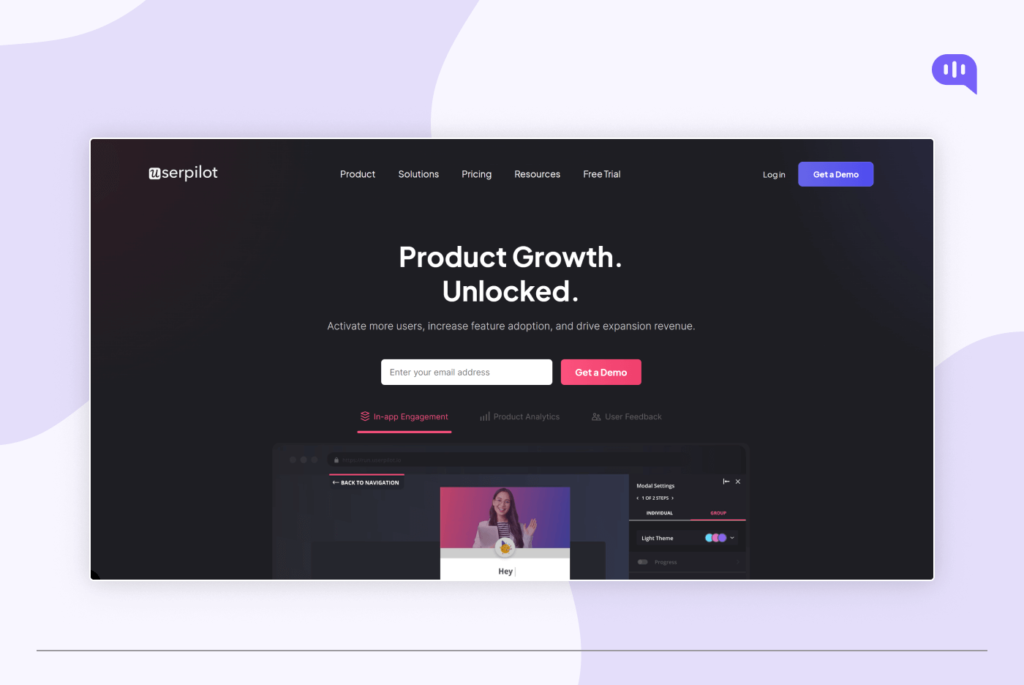 Userpilot homepage featuring a banner with the text "Product Growth. Unlocked." and a call to action to enter your email address and get a demo. The page includes sections for product, solutions, pricing, resources, free trial, login, and get a demo. The main content area shows a screenshot of the Userpilot platform with features like in-app engagement, analytics, and user feedback. Userpilot homepage featuring a banner with the text "Product Growth. Unlocked." and a call to action to enter your email address and get a demo. The page includes sections for product, solutions, pricing, resources, free trial, login, and get a demo. The main content area shows a screenshot of the Userpilot platform with features like in-app engagement, analytics, and user feedback.