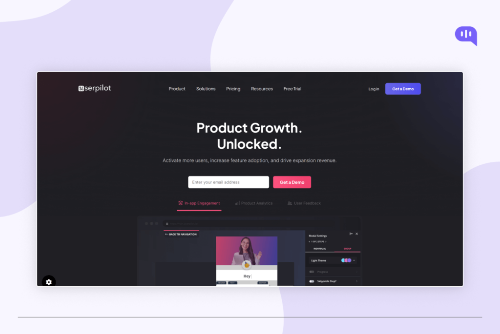Userpilot homepage promoting a product growth platform. The page features a banner with the text "Product Growth. Unlocked." and a call to action to enter your email address and get a demo. There are sections for product, solutions, pricing, resources, free trial, login, and get a demo. The main content area shows a screenshot of the Userpilot platform with features like in-app engagement, analytics, and user feedback. Userpilot homepage promoting a product growth platform. The page features a banner with the text "Product Growth. Unlocked." and a call to action to enter your email address and get a demo. There are sections for product, solutions, pricing, resources, free trial, login, and get a demo. The main content area shows a screenshot of the Userpilot platform with features like in-app engagement, analytics, and user feedback.
