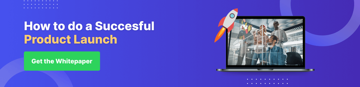 Get the Whitepaper Banner promoting a whitepaper titled "How to do a Successful Product Launch." The banner features a laptop, a rocket launch icon, and a button to get the whitepaper.