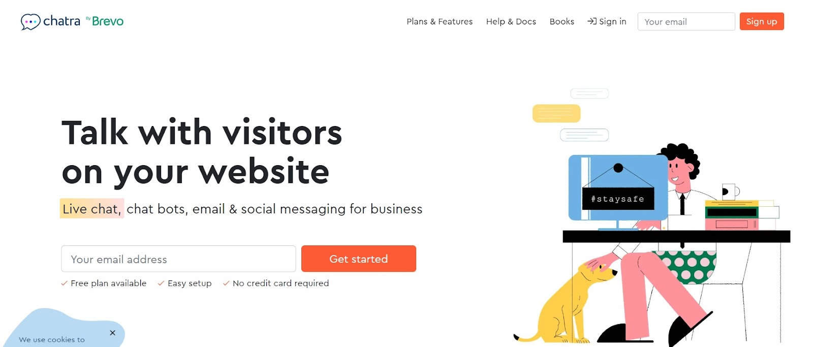 Chatra Brevo website homepage A screenshot of the Chatra Brevo website homepage, promoting live chat, chatbots, email, and social messaging for businesses.