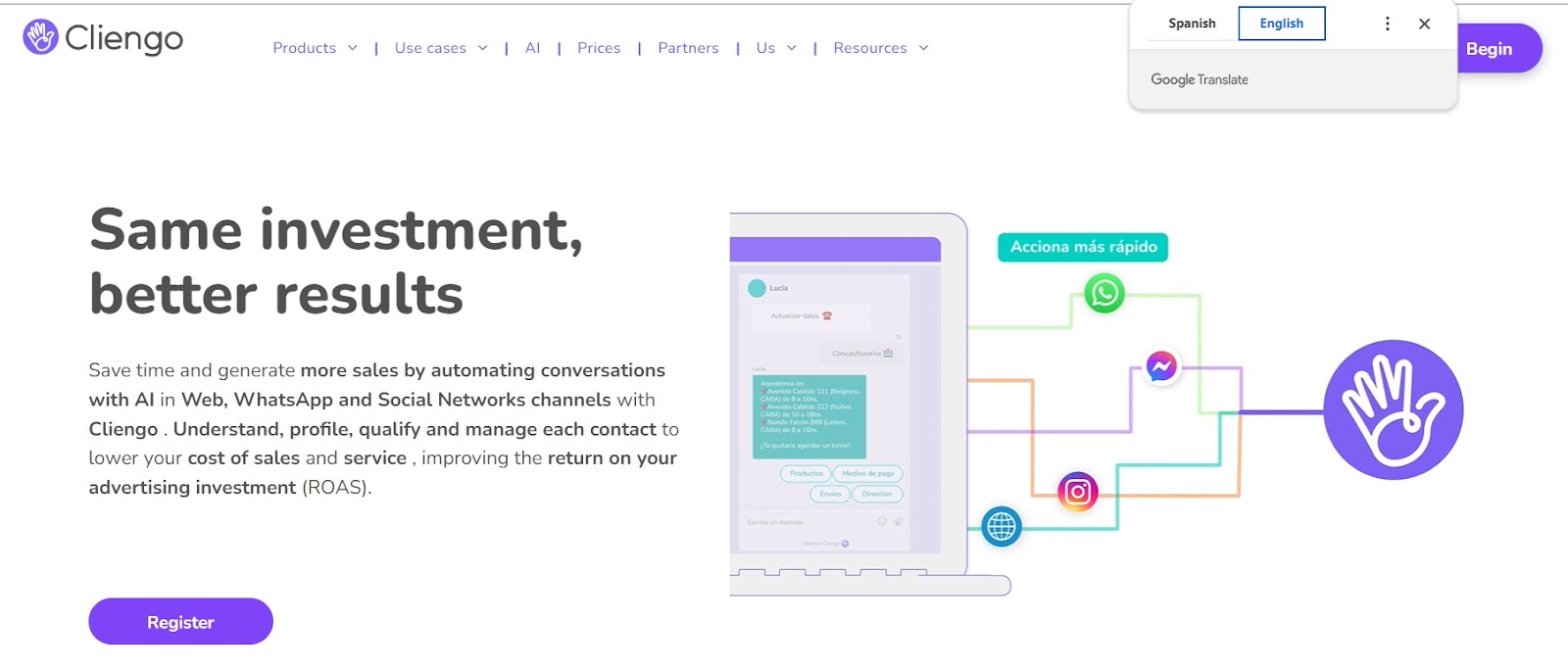 Cliengo website homepage Screenshot of the Cliengo website homepage, promoting an AI-powered chatbot platform for automating conversations.