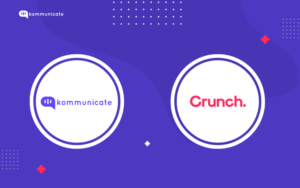 Graphic showing the Kommunicate and Crunch logos side-by-side on a blue background.