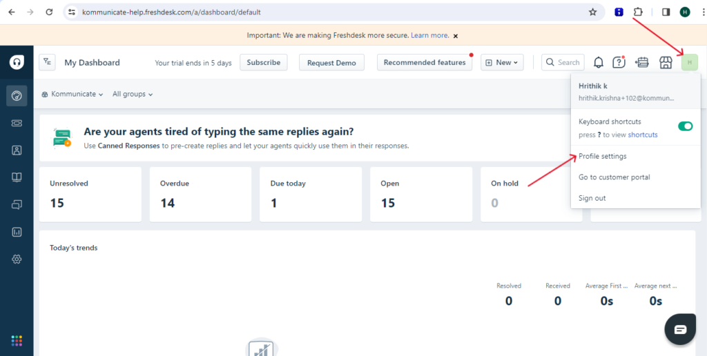 Freshdesk dashboard interface showing the user menu (Hrithik k) open, highlighting options for "Keyboard shortcuts," "Profile settings," "Go to customer portal," and "Sign out."