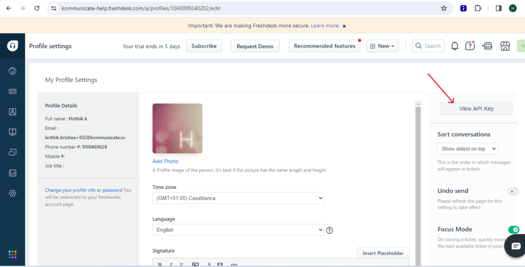 Freshdesk profile settings page, highlighting the "View API Key" option.