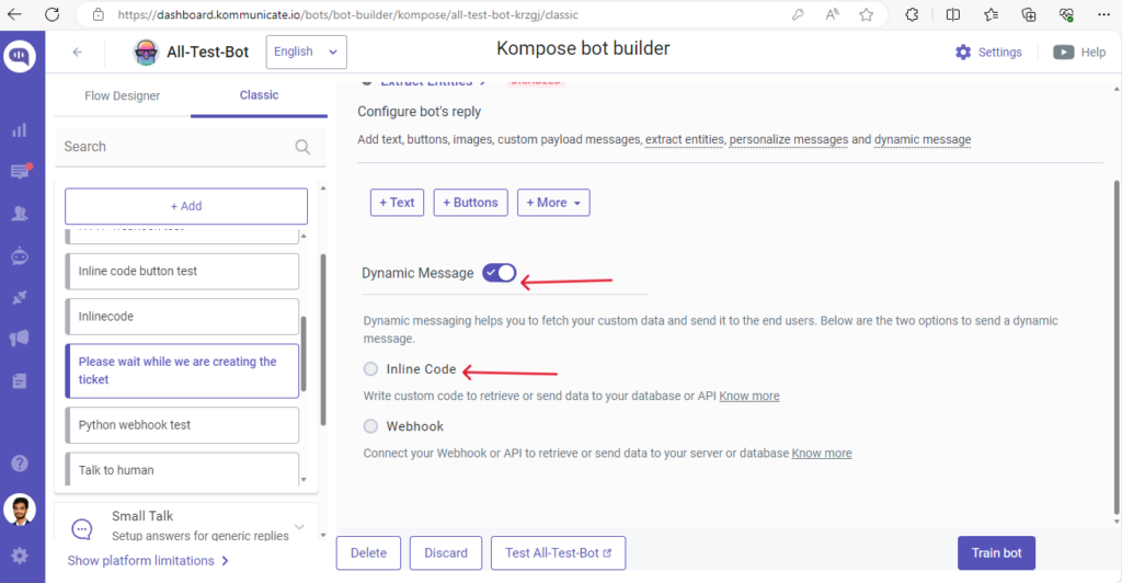 The Kommunicate Kompose bot builder interface, showing the "Please wait while we are creating the ticket" intent configuration