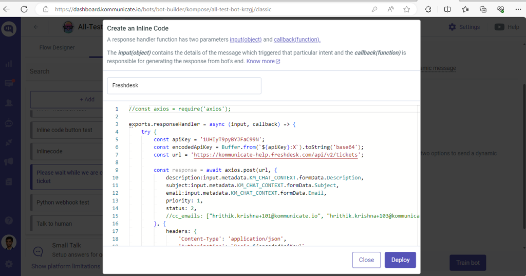 The Kommunicate Kompose bot builder interface, specifically the "Create an Inline Code" section.