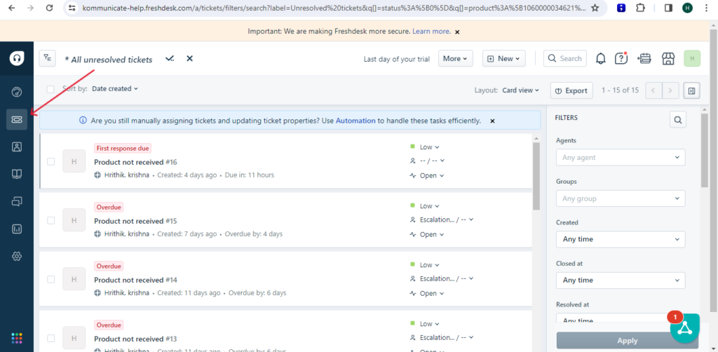 The Freshdesk interface showing a list of unresolved tickets. A red arrow points to the sidebar icon that likely represents the "Tickets" or "Views" section,