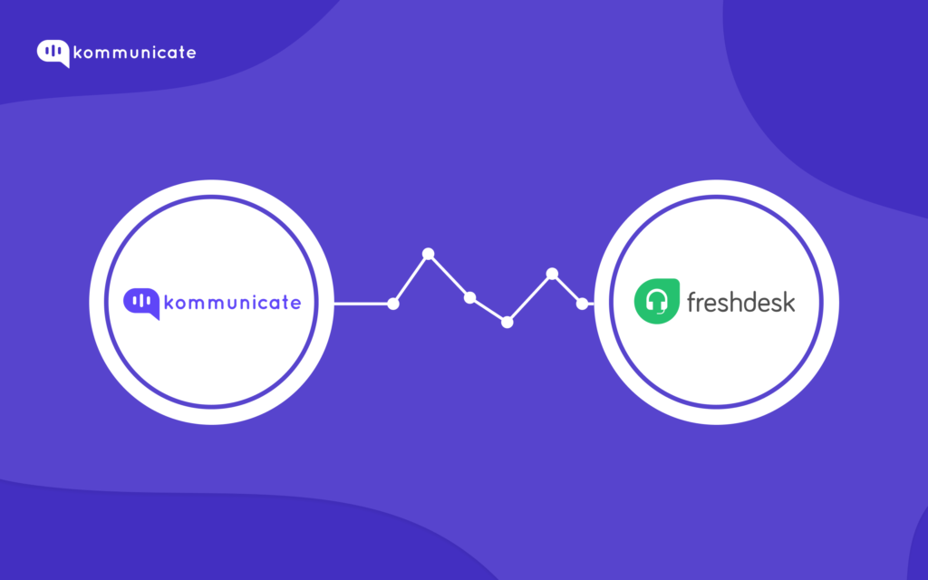 Illustration showing the Kommunicate and Freshdesk logos in separate circles connected by a dotted line, symbolizing integration or partnership between the two platforms.