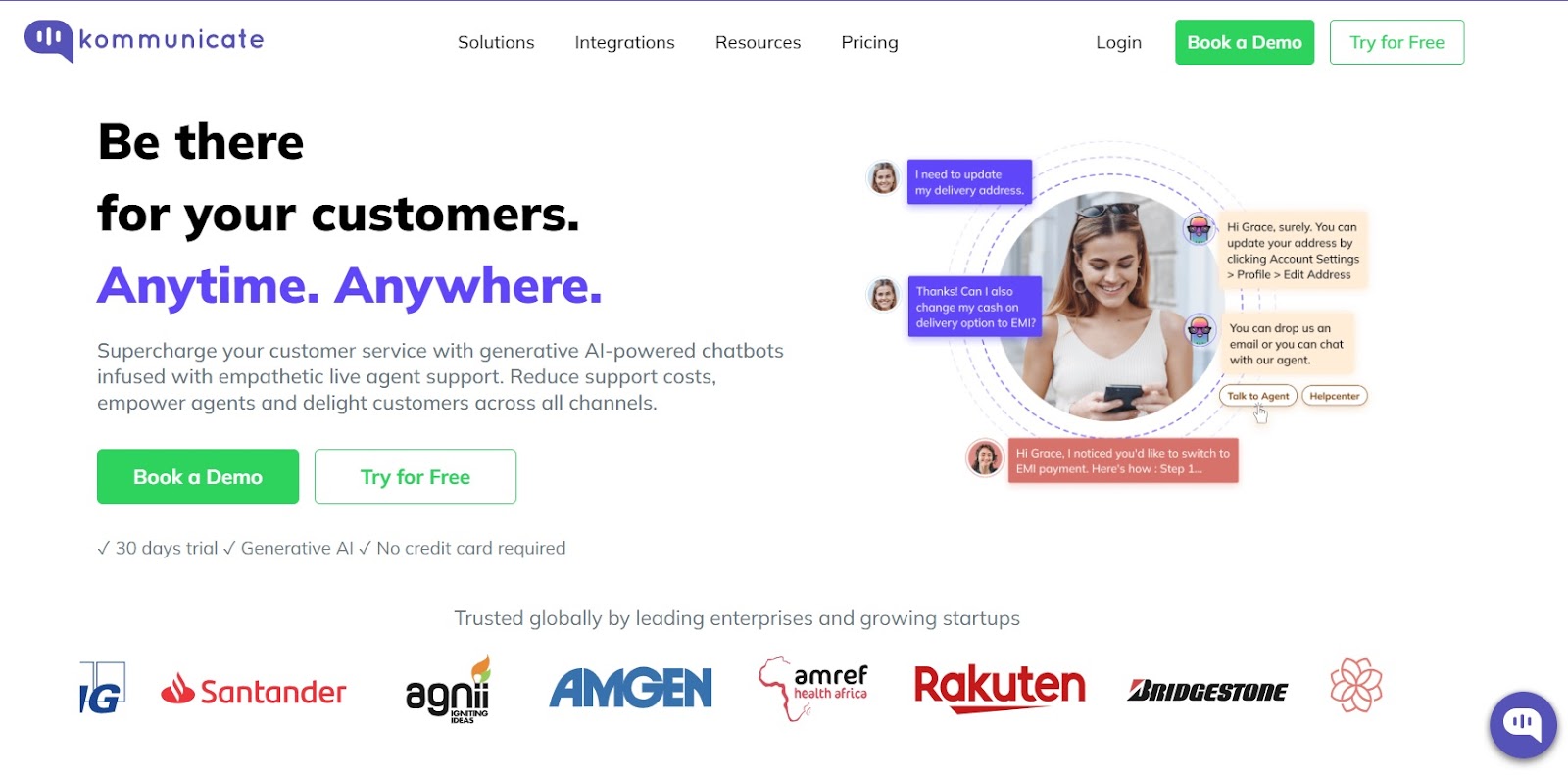 Kommunicate Website Homepage A screenshot of the Kommunicate website homepage, promoting an AI-powered chatbot platform for customer service.