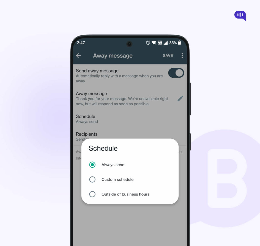 Schedule for whatsapp auto reply