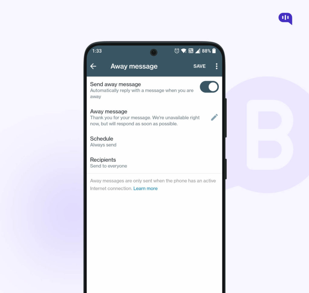 Set away message status for whatsapp auto reply