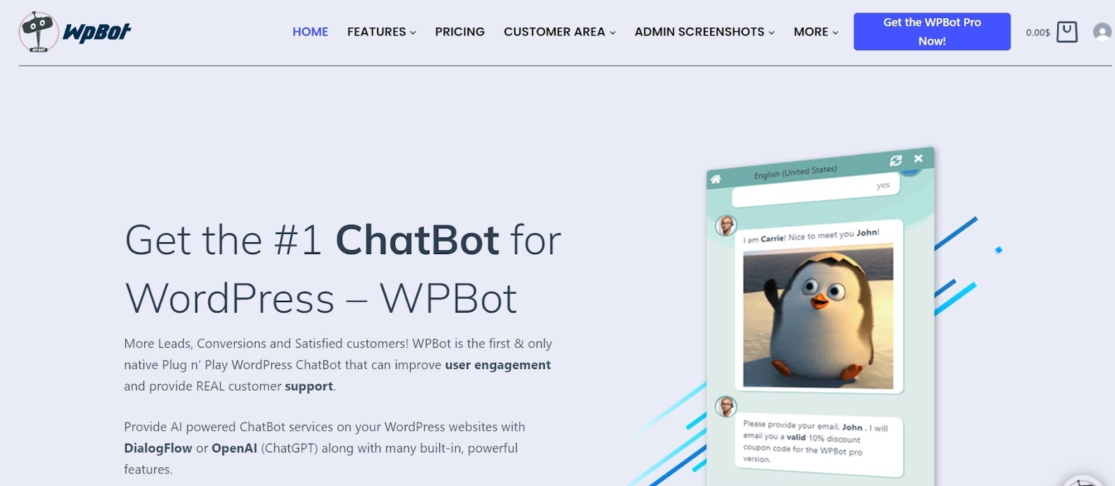 WPBot website homepage Screenshot of the WPBot website homepage, promoting a chatbot plugin for WordPress.