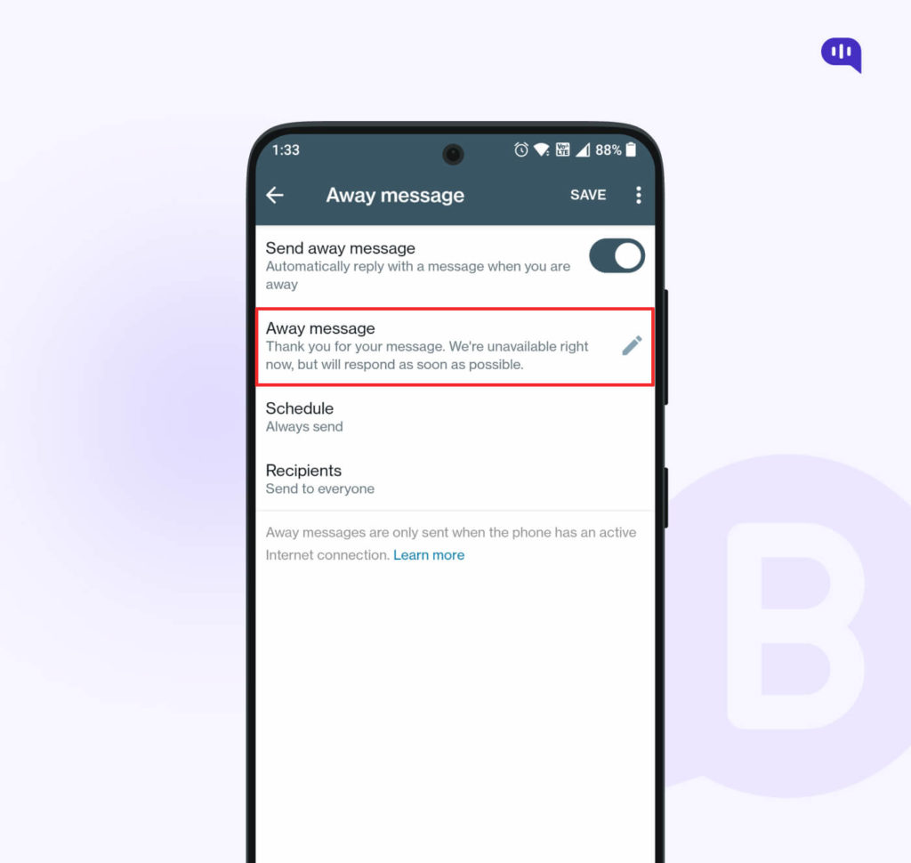 Edit away message for whatsapp auto reply