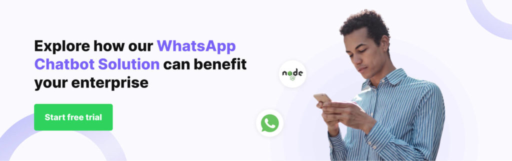 This image promotes a WhatsApp chatbot solution for enterprises, offering a free trial. This image promotes a WhatsApp chatbot solution for enterprises, offering a free trial.