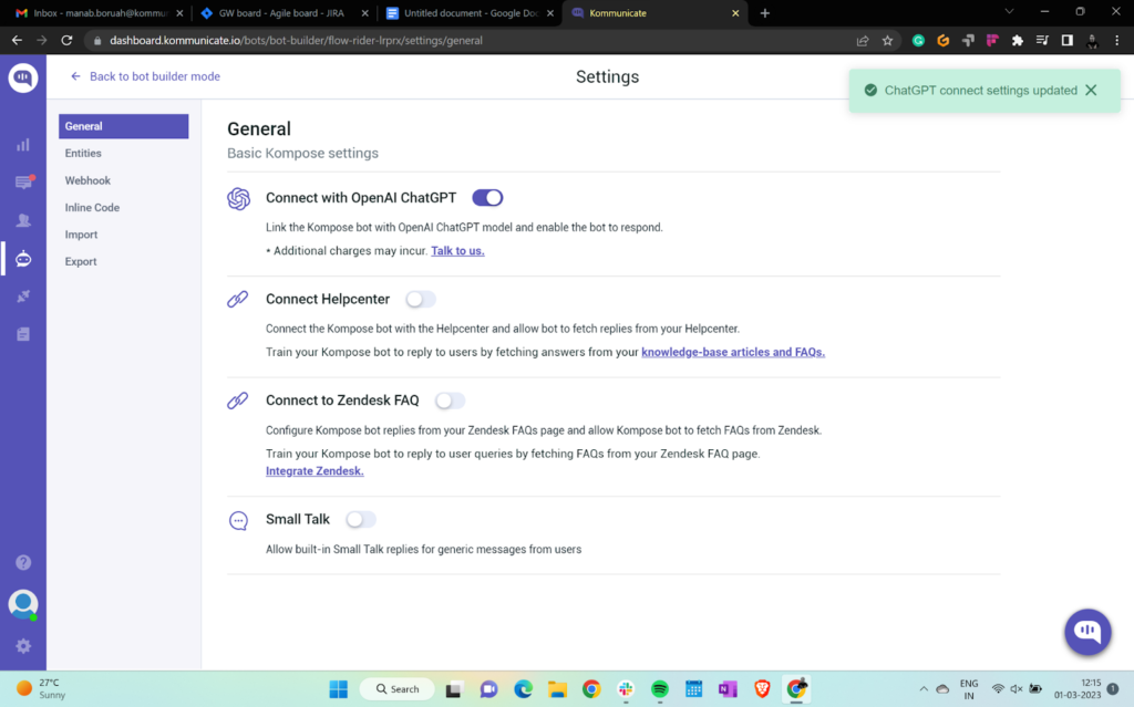 general settings enabled openAI chatgpt chatbot