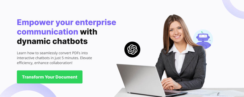Businesswoman smiling at a laptop with text promoting dynamic chatbots for enterprise communication. The banner highlights transforming PDFs into interactive chatbots to enhance collaboration. Businesswoman smiling at a laptop with text promoting dynamic chatbots for enterprise communication. The banner highlights transforming PDFs into interactive chatbots to enhance collaboration.
