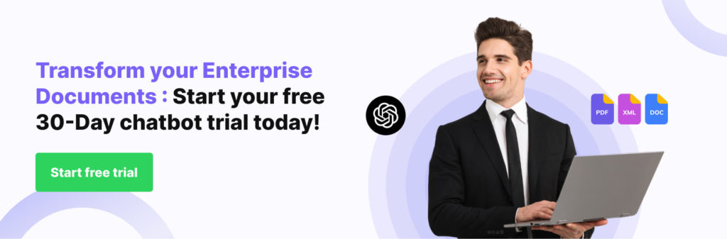 A laptop screen displaying a banner with the text "Transform your Enterprise Documents: Start your free 30-Day chatbot trial today!" Below the banner are three file format icons: PDF, DOML, and DOC. Below the icons is a button labeled "Start free trial. A laptop screen displaying a banner with the text "Transform your Enterprise Documents: Start your free 30-Day chatbot trial today!" Below the banner are three file format icons: PDF, DOML, and DOC. Below the icons is a button labeled "Start free trial.