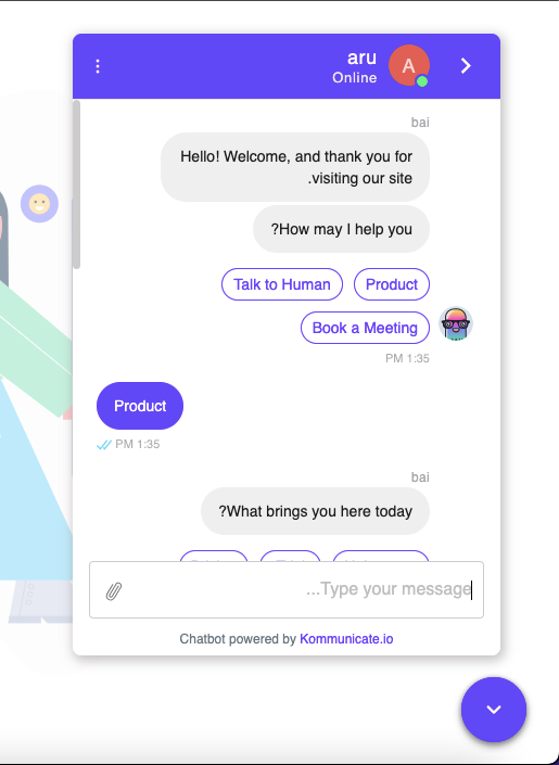 Screenshot of a Kommunicate chatbot conversation with options to talk to a human, view products, or book a meeting.