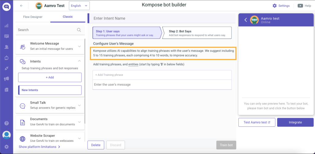 Screenshot of Kommunicate's Kompose bot builder, showing the interface for adding training phrases to an intent.