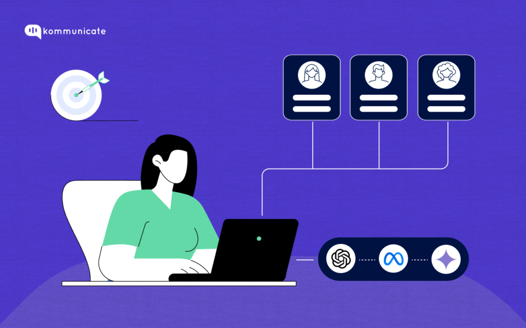 Illustration of a person using a laptop connected to various communication channels and user profiles, with a target in the background.