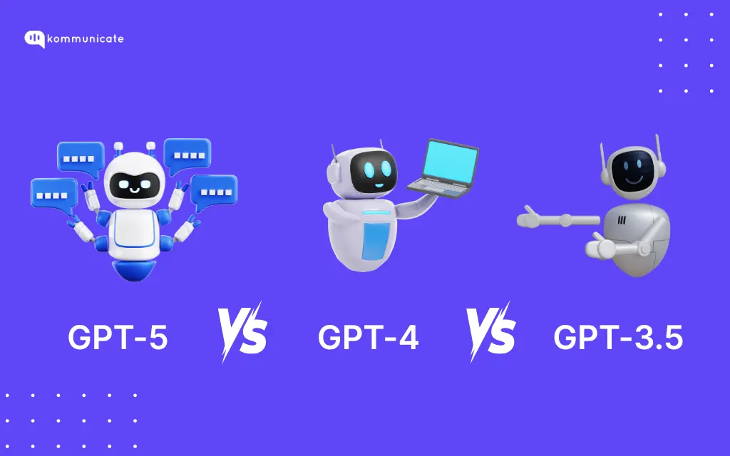 Hero image for the blog titled GPT-5 vs GPT-4 vs GPT-3.5. The image has three different bots on it indicating how they have evolved over the time.