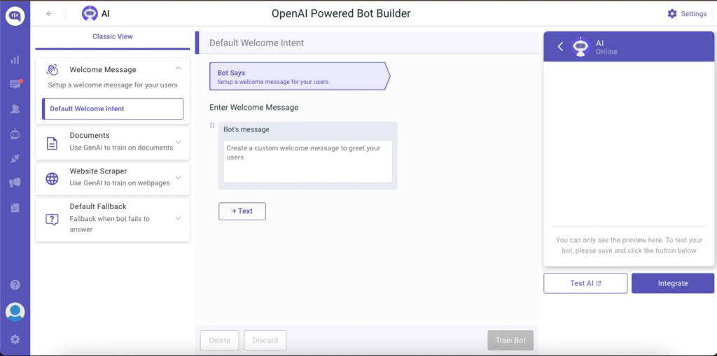 Screenshot of Kommunicate's OpenAI Powered Bot Builder, showing the configuration for a default welcome message.