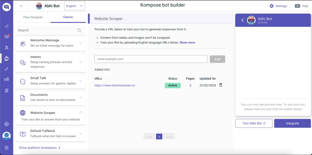 Screenshot of Kommunicate's Kompose bot builder using the website scraper to train the bot from a URL.