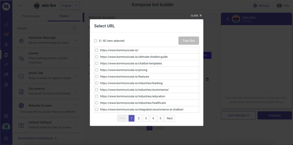 screenshot of a chatbot building interface, specifically the "Website Scraper" feature.