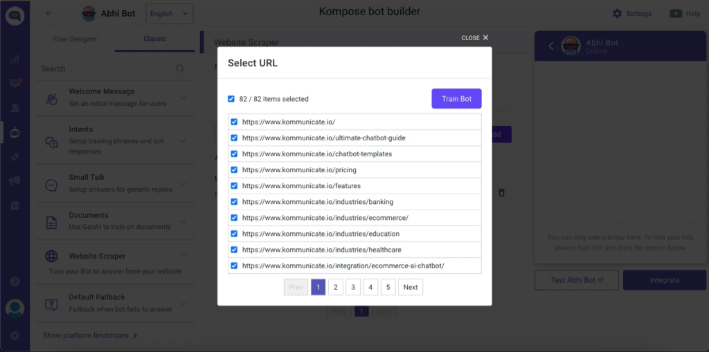 screenshot of a chatbot building interface, specifically the "Website Scraper" feature.